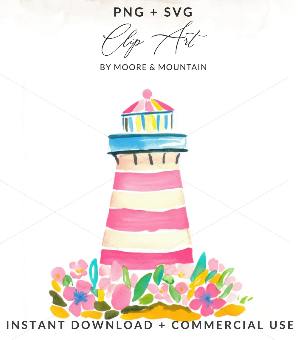 Watercolor lighthouse with pink and white stripes, surrounded by flowers.