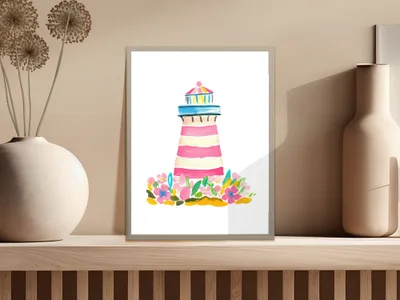 Watercolor lighthouse with pink stripes and colorful flowers.