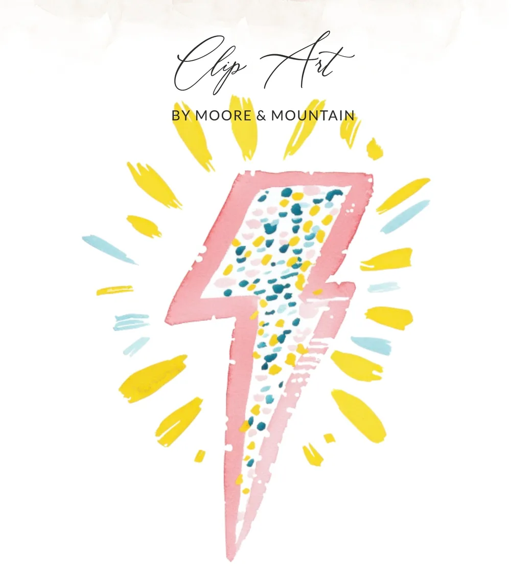 Pink lightning bolt with abstract dots and yellow sunburst accents.