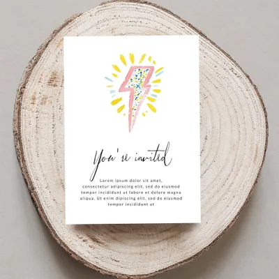 "You're invited" text and lightning bolt graphic on card, with placeholder text.
