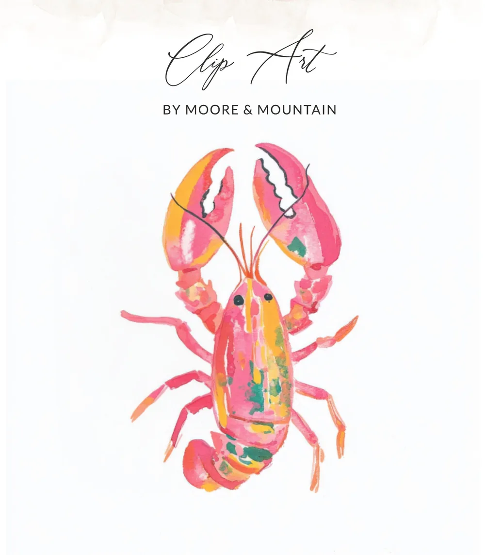 Watercolor illustration of a pink and yellow lobster with text "Clip Art BY MOORE & MOUNTAIN".
