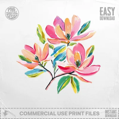 Watercolor illustration of three pink and orange flowers with green leaves on a branch.