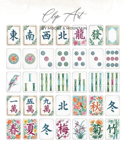 Watercolor Mahjong Tiles Clipart Digital Art Prints, Elegant Asian Floral Game Pieces Downloadable Graphics PNG Bundle