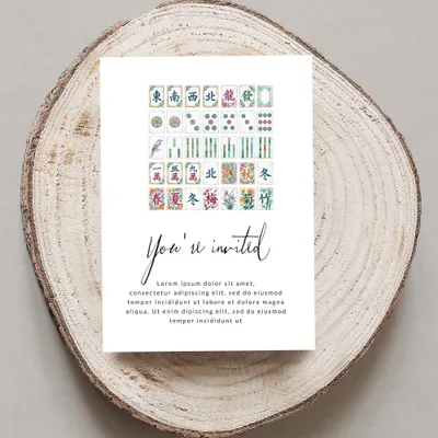 Mahjong tile-themed invitation with "You're invited" text.