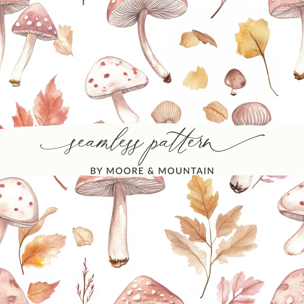 Watercolor Mushrooms and Leaves Digital Pattern - Neutral Tones Printable Art - Moore and Mountain