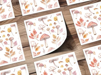 Watercolor Mushrooms and Leaves Digital Pattern - Neutral Tones Printable Art - Moore and Mountain