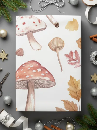 Watercolor Mushrooms and Leaves Digital Pattern - Neutral Tones Printable Art - Moore and Mountain