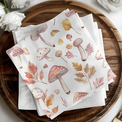 Watercolor Mushrooms and Leaves Digital Pattern - Neutral Tones Printable Art - Moore and Mountain
