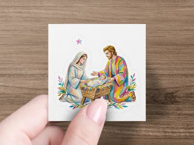 Nativity scene with Mary, Joseph, and baby Jesus in a manger.