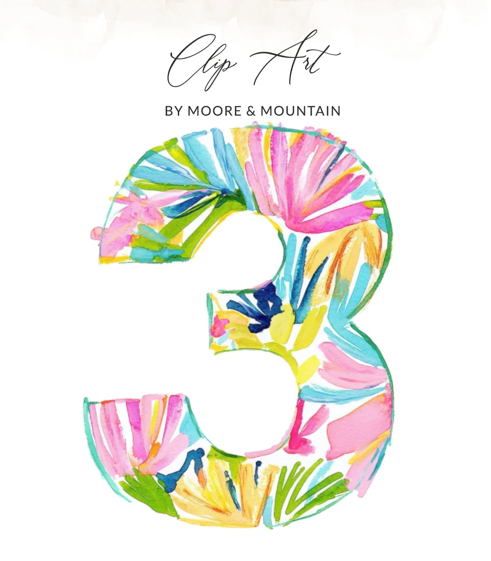 Floral watercolor number three with "Clip Art" and "BY MOORE & MOUNTAIN" text.