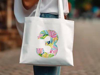 White tote bag with a colorful floral number 3 design.