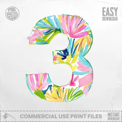 Watercolor number three with floral brushstrokes, easy download, commercial use.