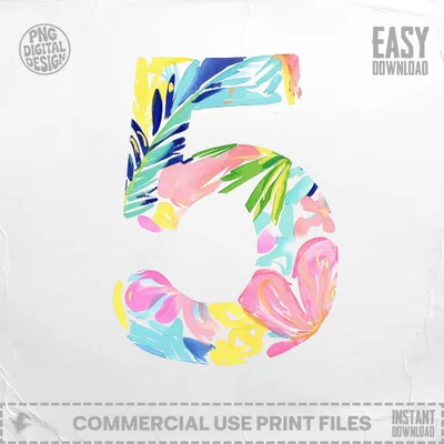 Floral number 5 with "Easy Download" and "Commercial Use Print Files" text.