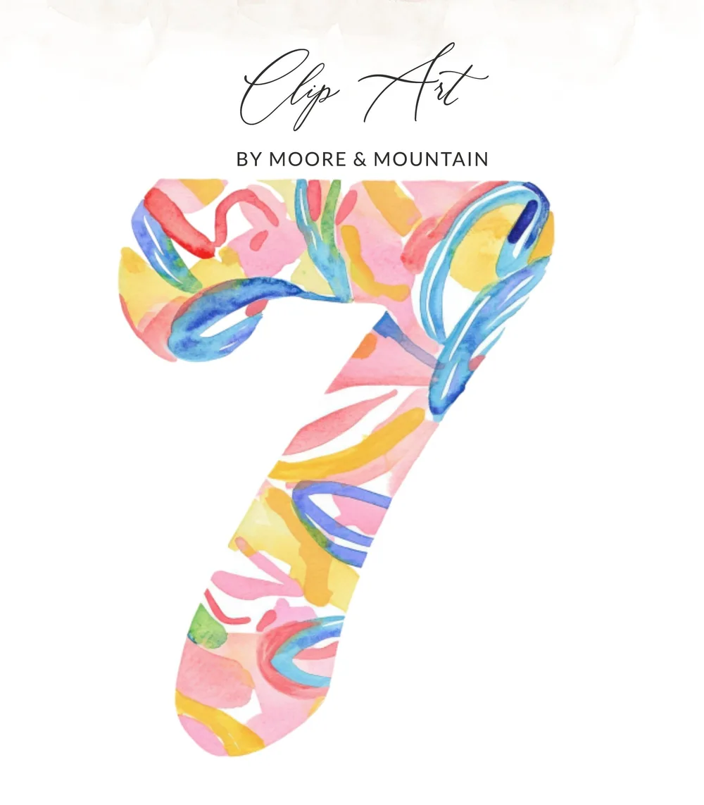 Abstract watercolor number 7 with "Clip Art" and "BY MOORE & MOUNTAIN" text.