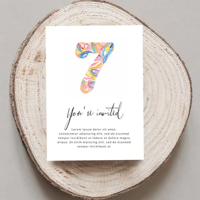 Invitation card with colorful "7" and "You're invited" text.