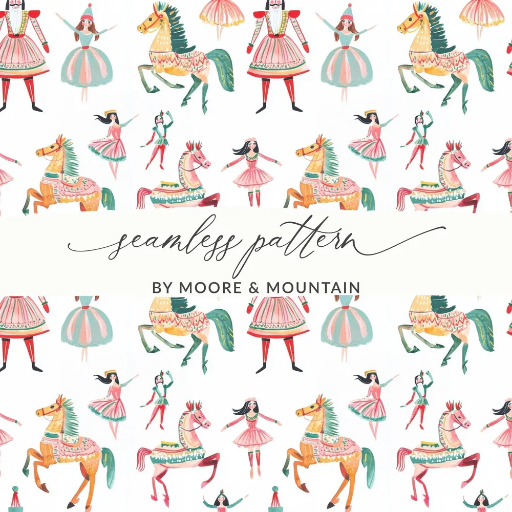 Watercolor Nutcracker Pattern Featuring Horses and Dancers Digital - Moore and Mountain