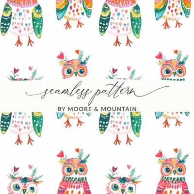 Watercolor Owls Pattern Art Print Home Decor Design Digital