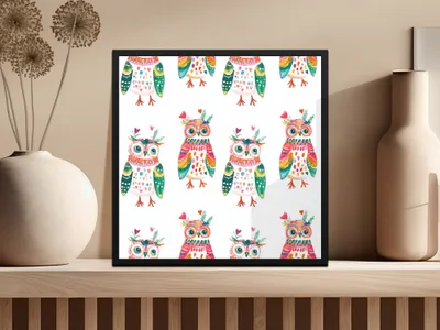 Watercolor Owls Pattern Art Print Home Decor Design Digital - Moore and Mountain
