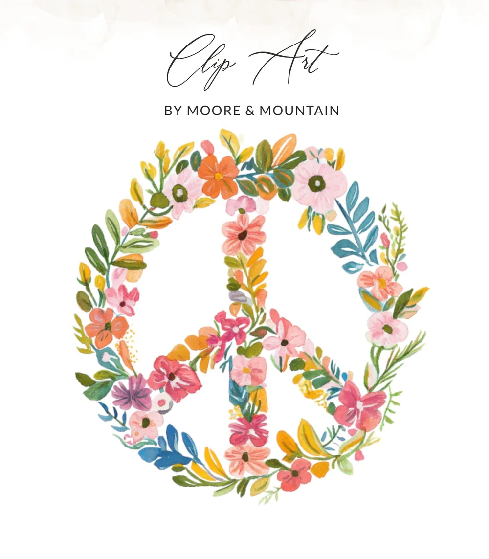 Floral peace sign with "Clip Art" and "BY MOORE & MOUNTAIN" text.