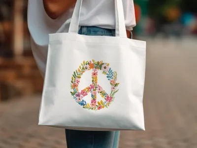 White tote bag with floral peace sign graphic.
