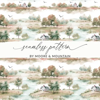 Watercolor Peaceful Houses and Trees Landscape Pattern Digital