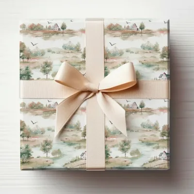 Beautifully Wrapped Gift Box with Scenic Landscape Art