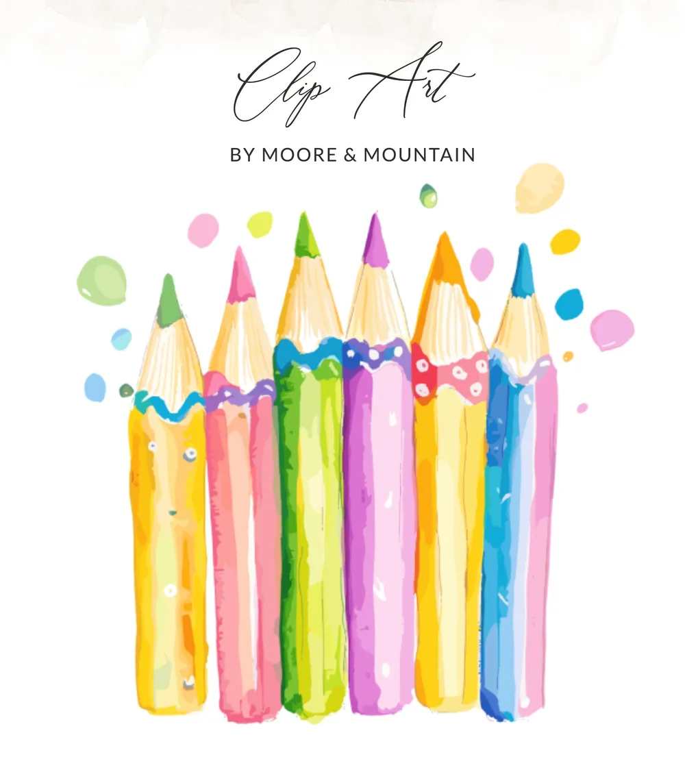 Row of colorful watercolor pencils with splatters, "Clip Art by Moore & Mountain".