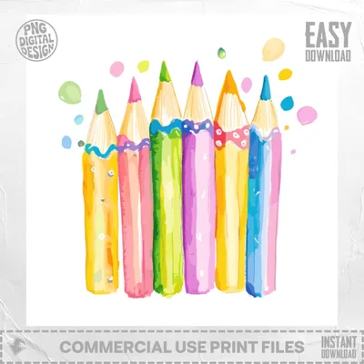 Watercolor pencils in rainbow colors with a splash of dots.