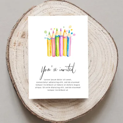 Invitation card with colorful pencils and "You're invited" text.