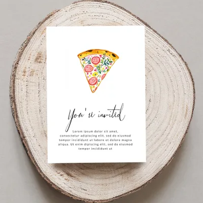 Invitation card with pizza slice art and "You're invited" text.
