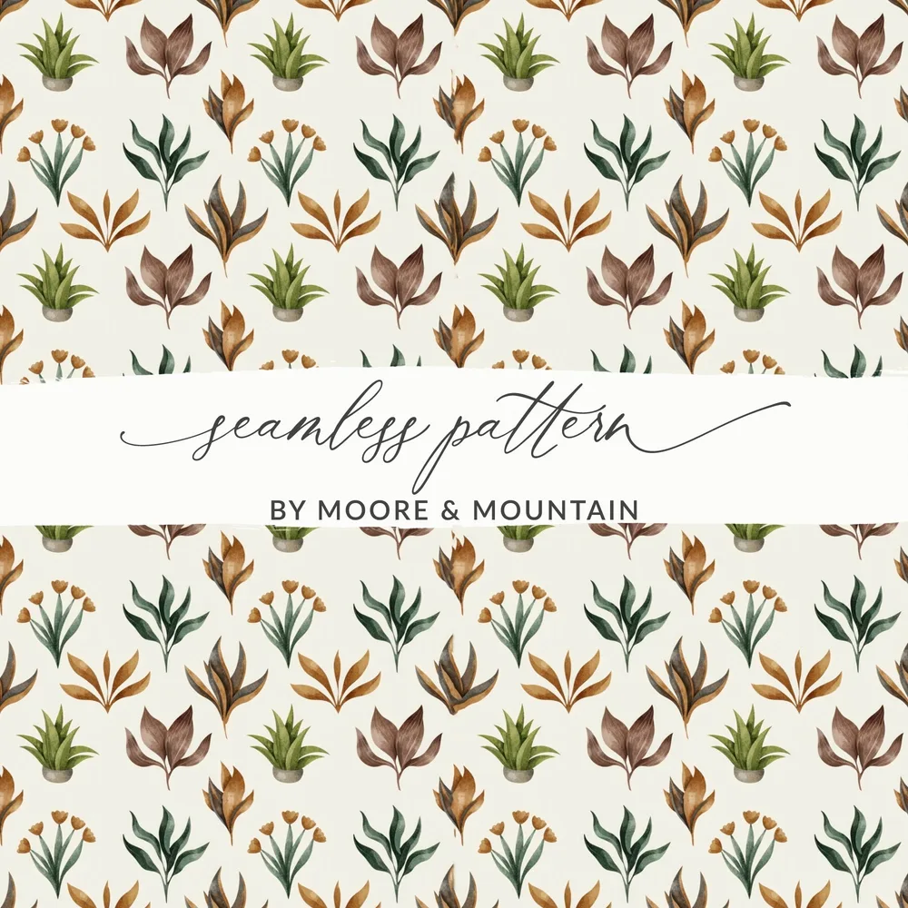Watercolor Plants Seamless Pattern Digital Paper, Botanical Texture, Floral Background, Fabric Design, Scrapbooking, Digital Download - Moore and Mountain