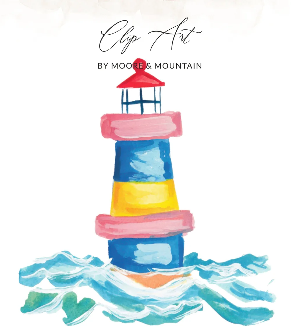 Watercolor lighthouse in blue, yellow, and pink, surrounded by waves.