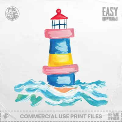 Watercolor lighthouse with blue, yellow, and pink bands on blue waves.
