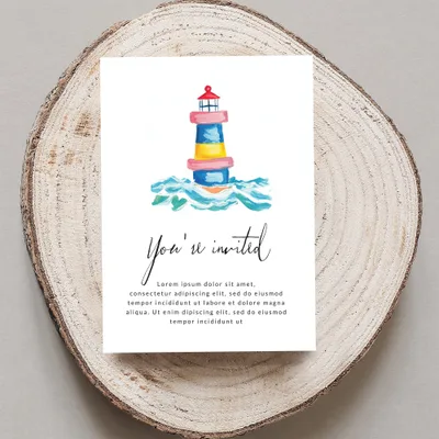 Invitation with watercolor lighthouse and text "You're invited".