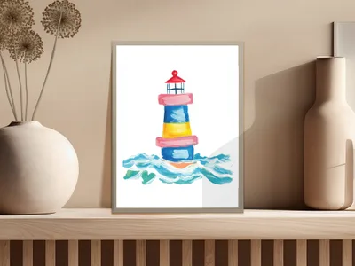 Watercolor lighthouse with blue and yellow stripes on choppy waves.