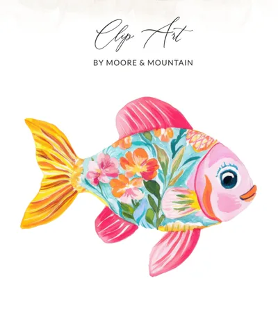 Watercolor Preppy Fish Clipart, Tropical Floral Digital PNG, Vibrant Pastel SVG, Hand Painted Rainbow Illustration, Girly Summer Art