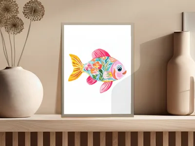Colorful, floral-patterned fish illustration in a framed print on a shelf.