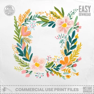 Floral wreath with pink and orange flowers, green leaves, and yellow accents.