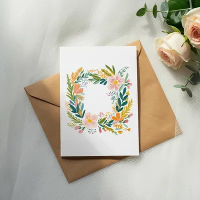 Card with floral wreath on a kraft envelope with roses and eucalyptus.