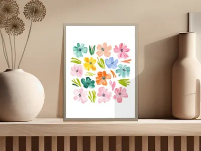 Colorful abstract floral art print with light gray frame.