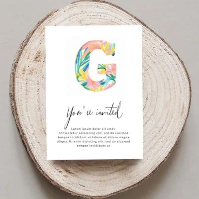 Invitation card with large "G" and "You're invited" text.