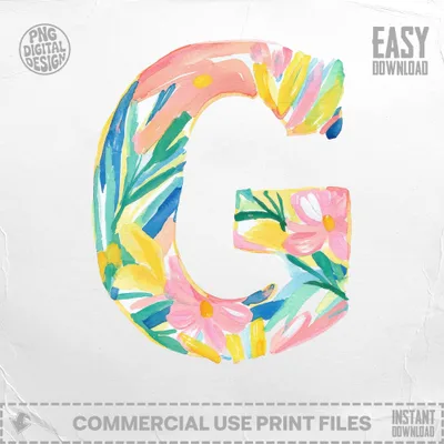Watercolor letter G with floral and leaf pattern, "Easy Download"
