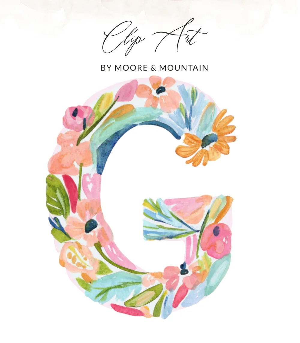 Floral letter G clip art with text "Clip Art BY Moore & Mountain".