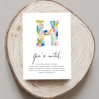 Floral "H" invitation with "You're invited" text and placeholder copy.
