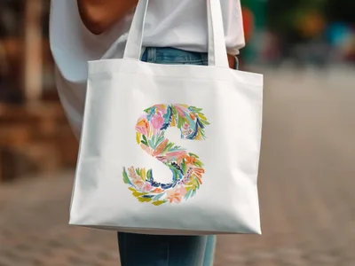 White tote bag with a colorful floral "S" design.