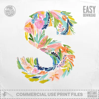 Watercolor floral letter S with "Easy Download" and "Commercial Use Print Files" text.