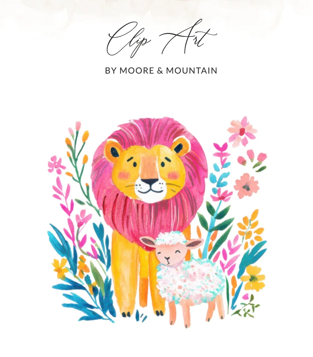 Cartoon lion with pink mane and fluffy sheep amongst colorful flowers.