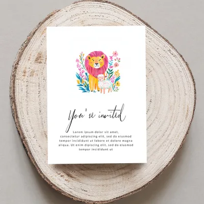 Invitation with cartoon lion and lamb, with "You're invited" text.