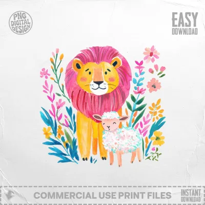Lion and lamb illustration with colorful flowers and leaves.