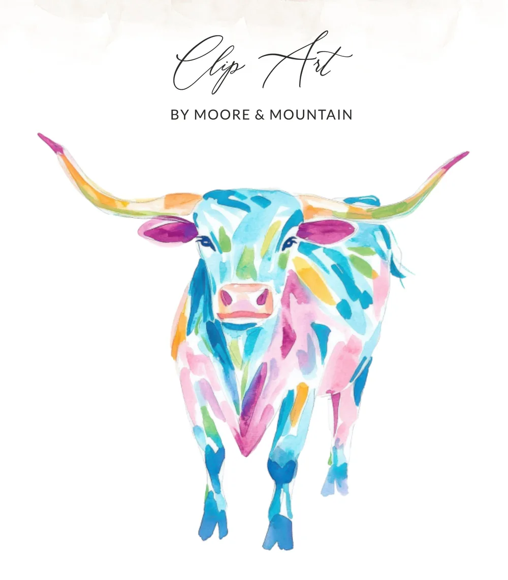 Watercolor longhorn with colorful brushstrokes and text "Clip Art".